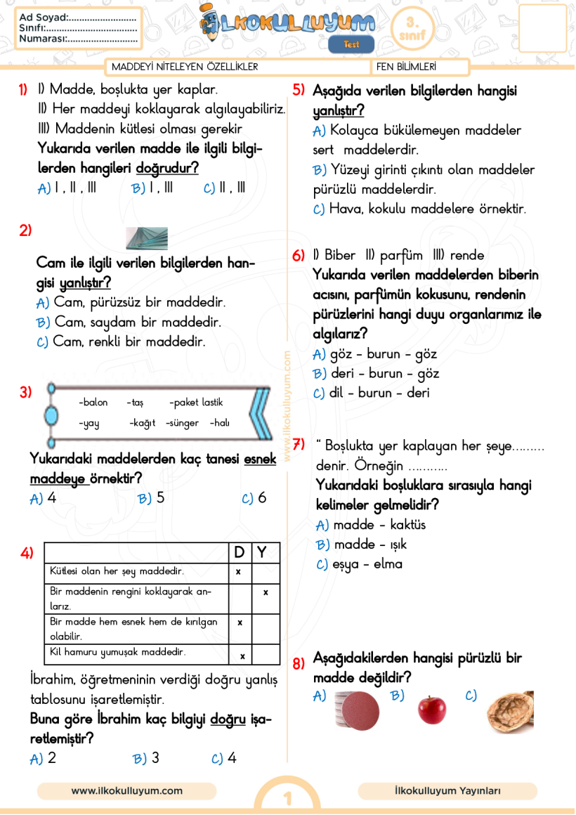 3.Sınıf Fen Bilimleri Maddeyi Niteleyen Özellikler Test