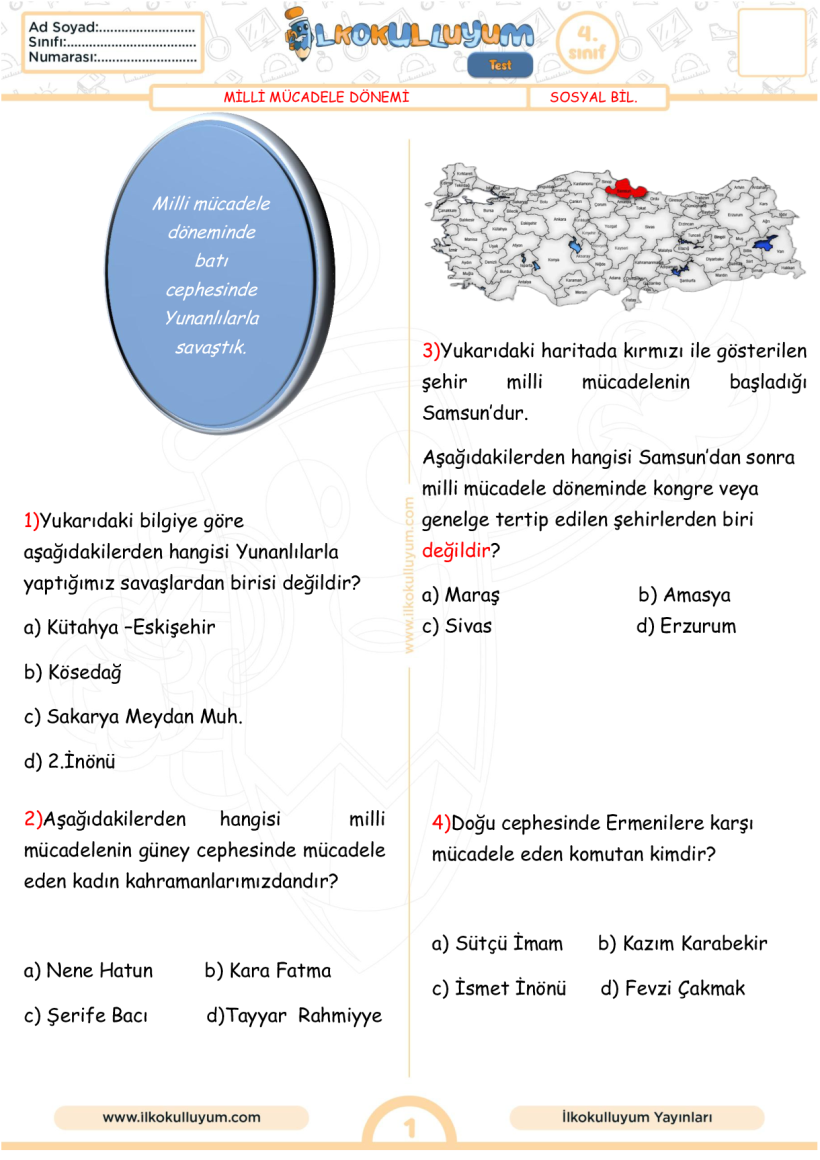 MİLLİ MÜCADELE  TESTİ 