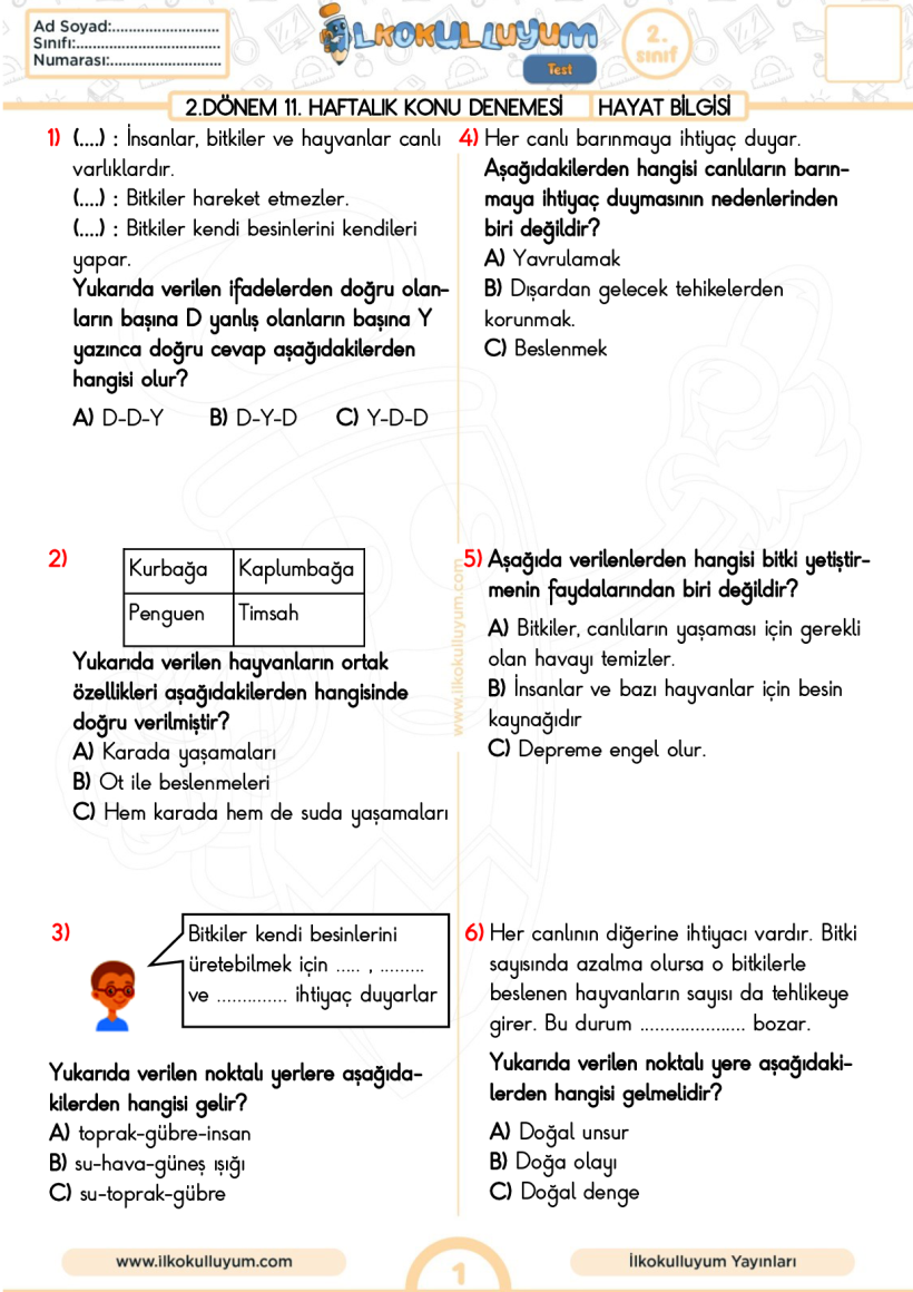 2.Sınıf 2.Dönem 11.Haftalık Konular Denemesi Hayat Bilgisi