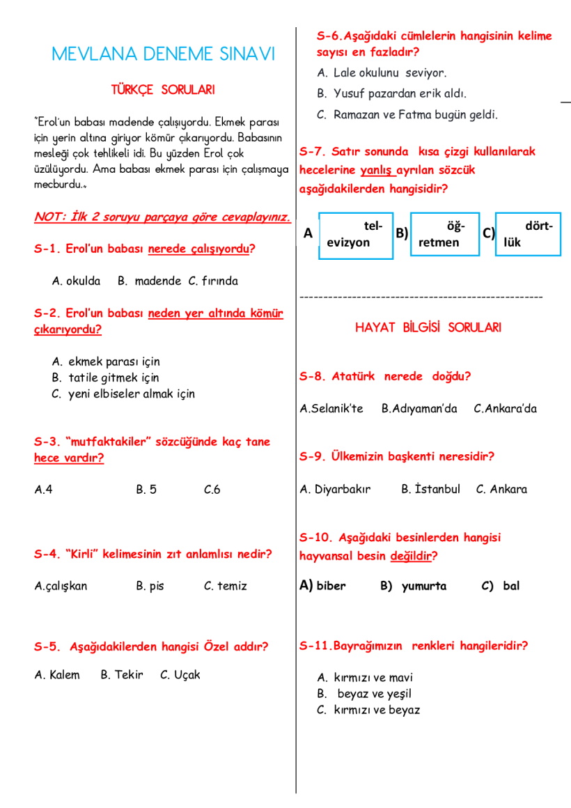 1.Sınıf Deneme Sınavı-3