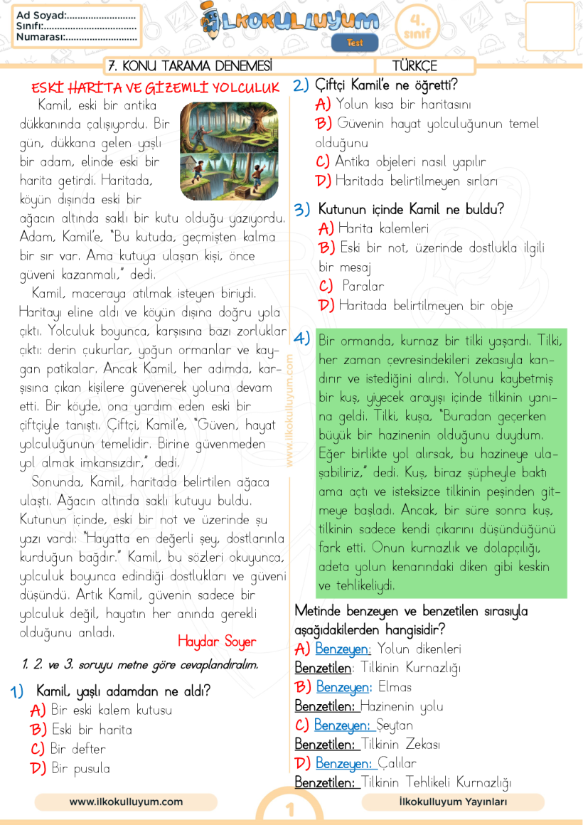 4.Sınıf 7. Konu Tarama Denemesi (13.ve 14.Hafta)