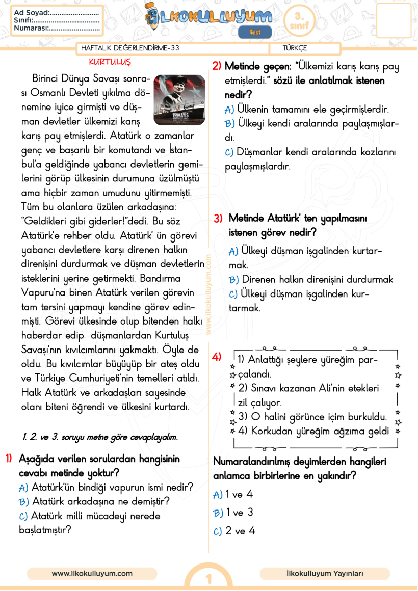 3.Sınıf 33. Hafta-Haftalık Değerlendirme (30 soru)