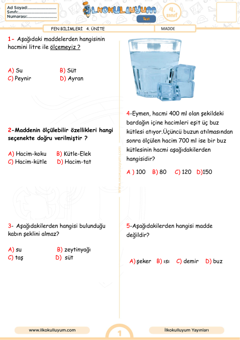 4.SINIF MADDE 1 TEST