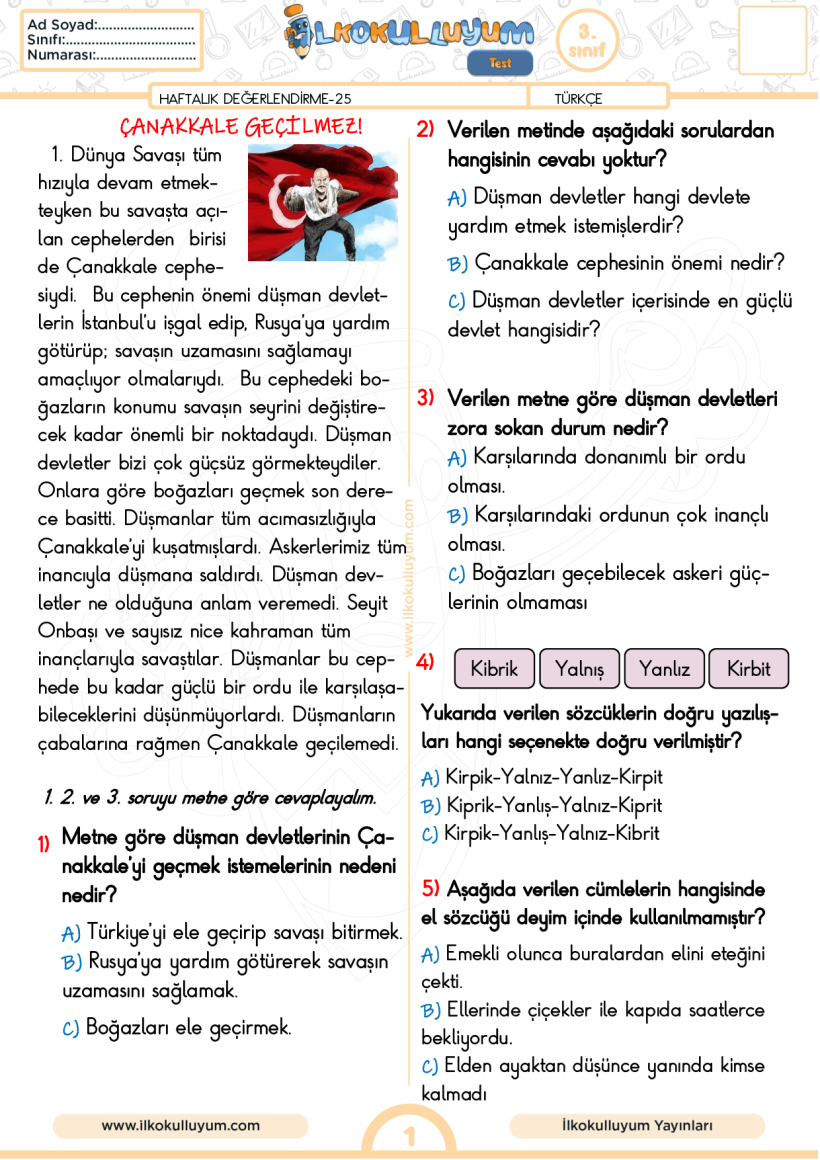 3.Sınıf 25.Hafta-Haftalık Değerlendirme (30 soru)