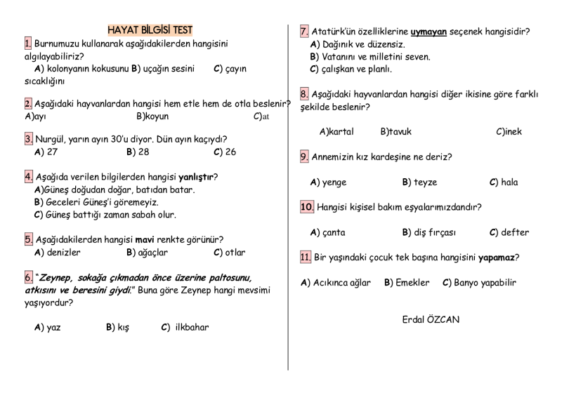 Hayat Bilgisi Test-1-A