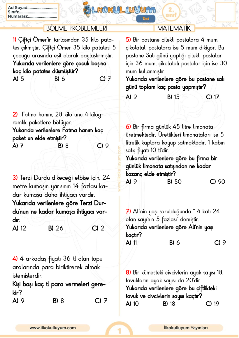 2.Sınıf Matematik Bölme Problemleri Testi