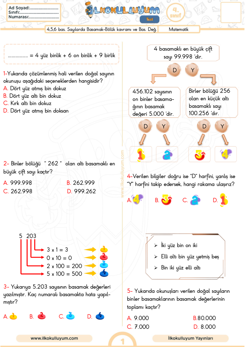 4,5,6 Bas. Sayılarda Basamak-Bölük Kavramı ve Bas. Değeri - 2