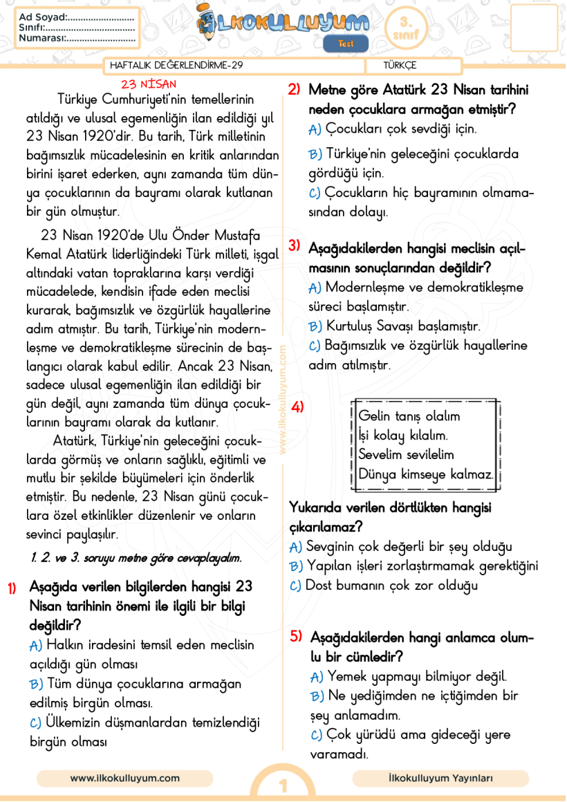 3.Sınıf 29. Hafta-Haftalık Değerlendirme (30 soru)