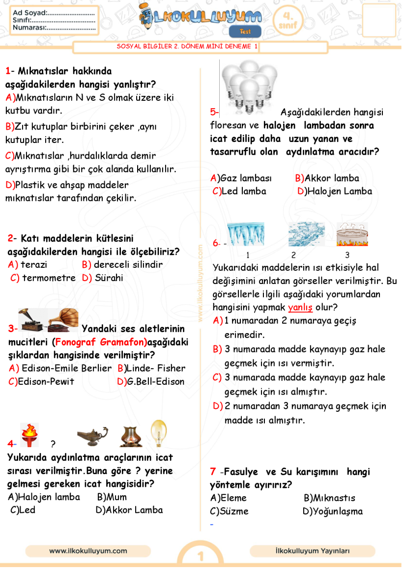 2.DÖNEM FEN BİLİMLERİ VE SOSYAL BİLGİLER KARIŞIK DENEME