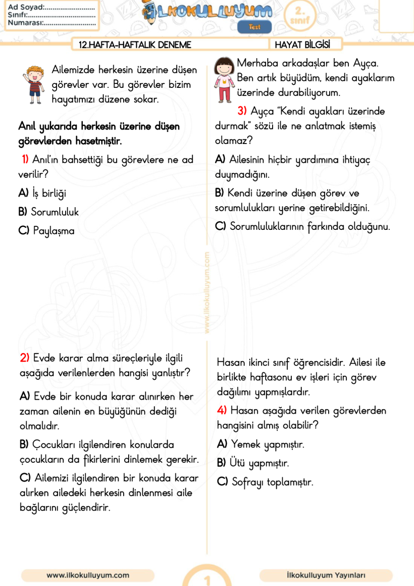 2.Sınıf Hayat Bilgisi Haftalık Deneme 12.Hafta