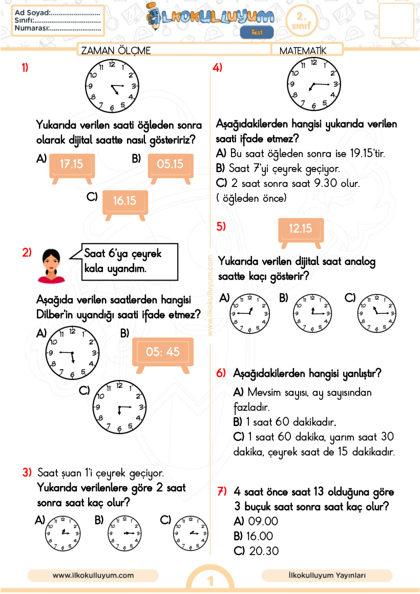 2.SINIF MATEMATİK ZAMAN ÖLÇME TEST