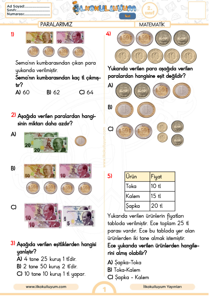 2.Sınıf Matematik Bölme Problemleri Testi