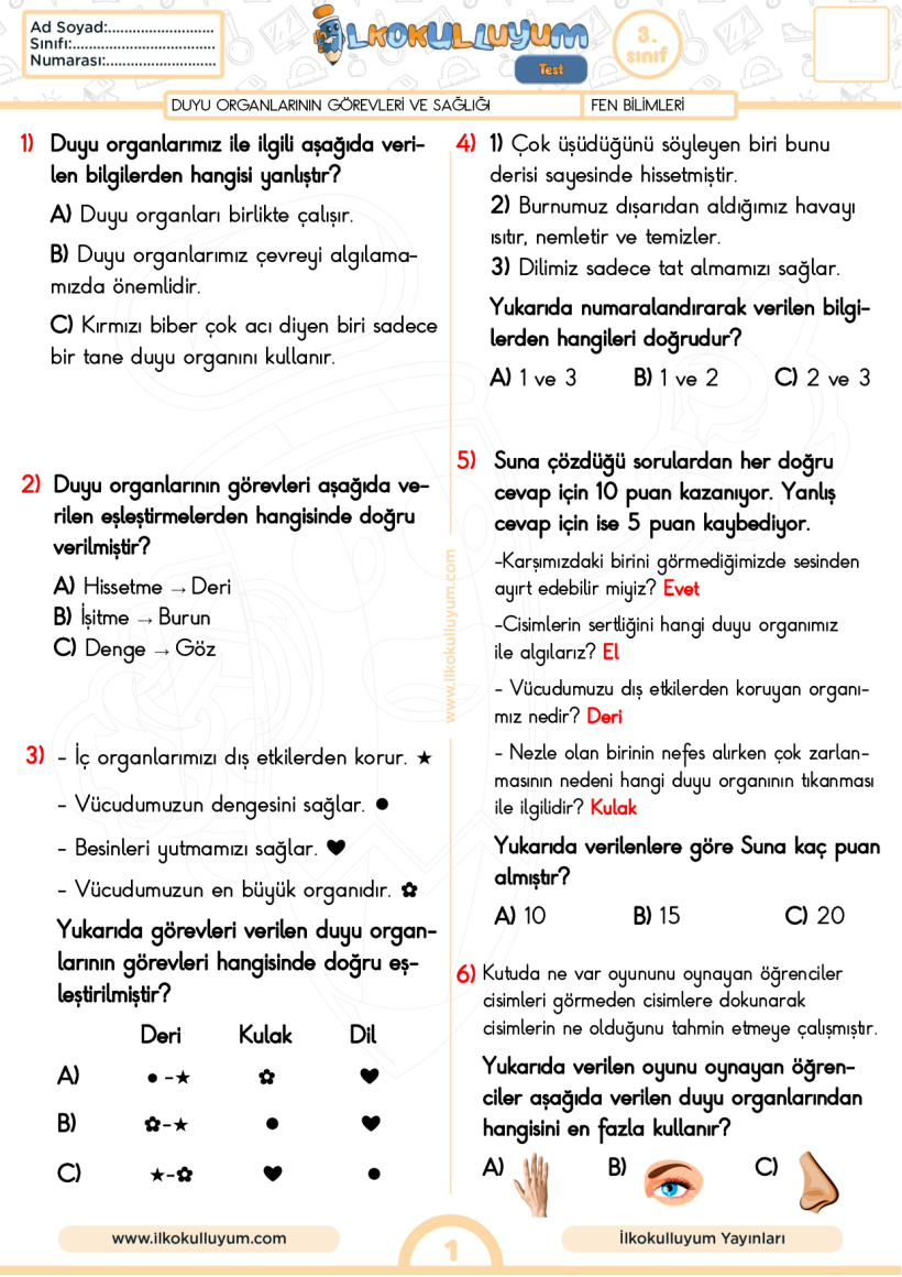 3.Sınıf Fen Bilimleri  5.Hafta Duyu Organları Ünite Testi