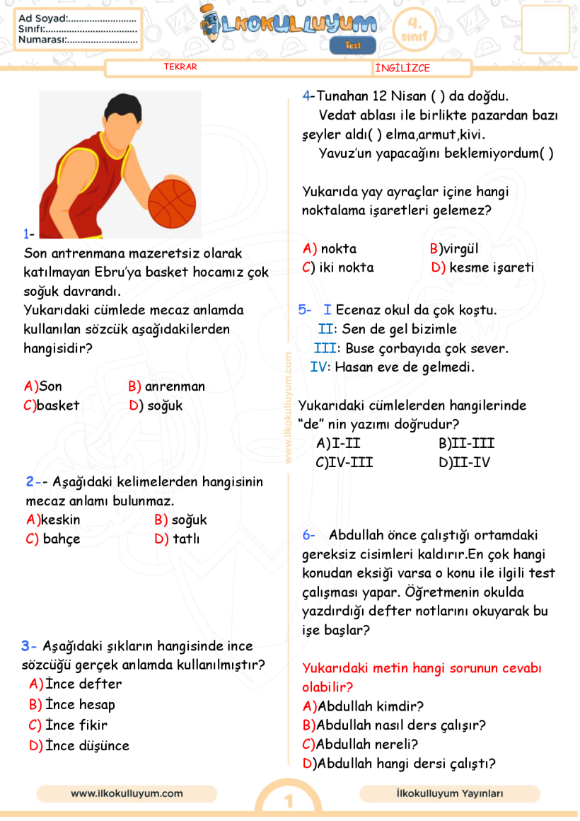 TÜRKÇE 2. DÖNEM MİNİ DENEME 1