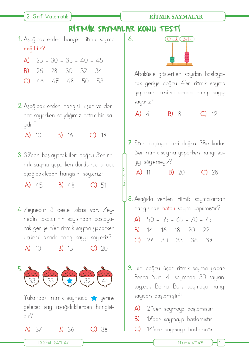 Matematik 2. Sınıf Ritmik Saymalar