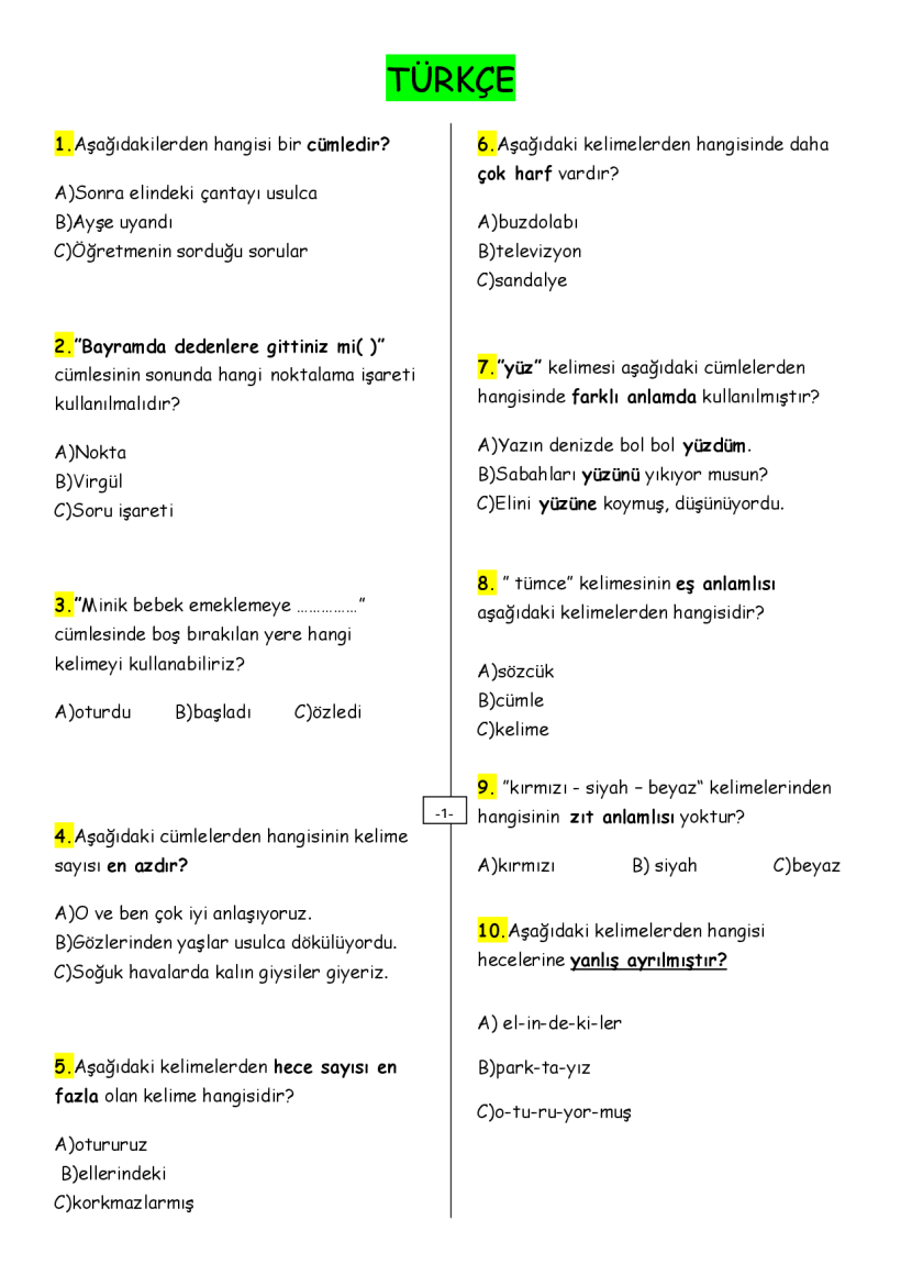 2. sınıf hazırbulunuşluk sınavı