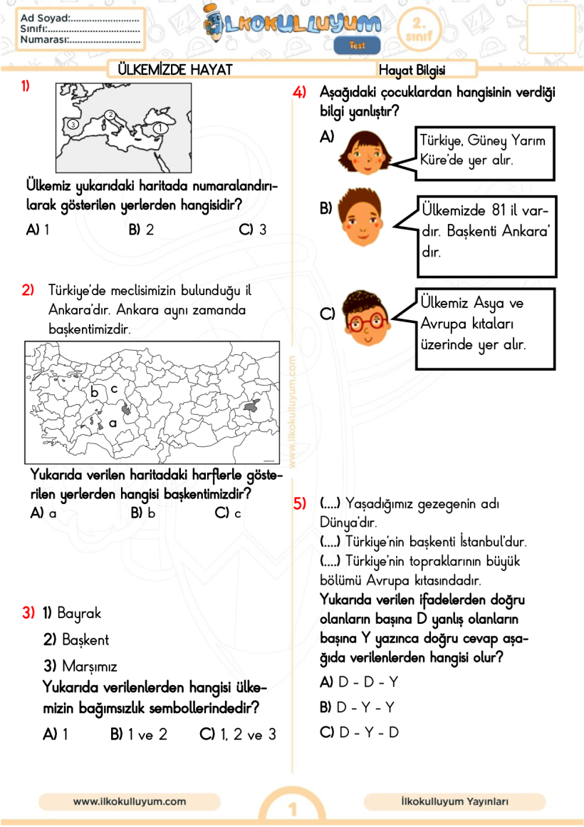 2.Sınıf Hayat Bilgisi Ülkemizde Hayat Ünite Tekrar Testi 