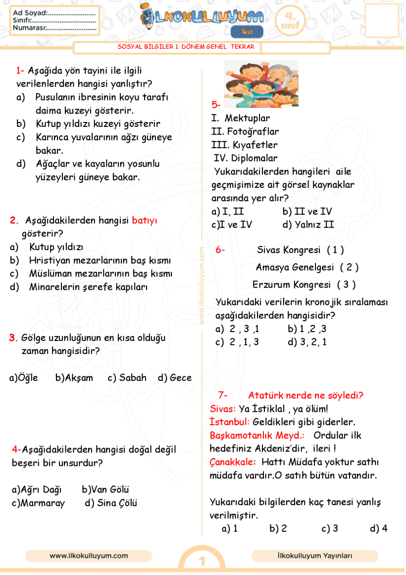 SOSYAL BİLGİLER 1. DÖNEM TEKRAR TESTİ