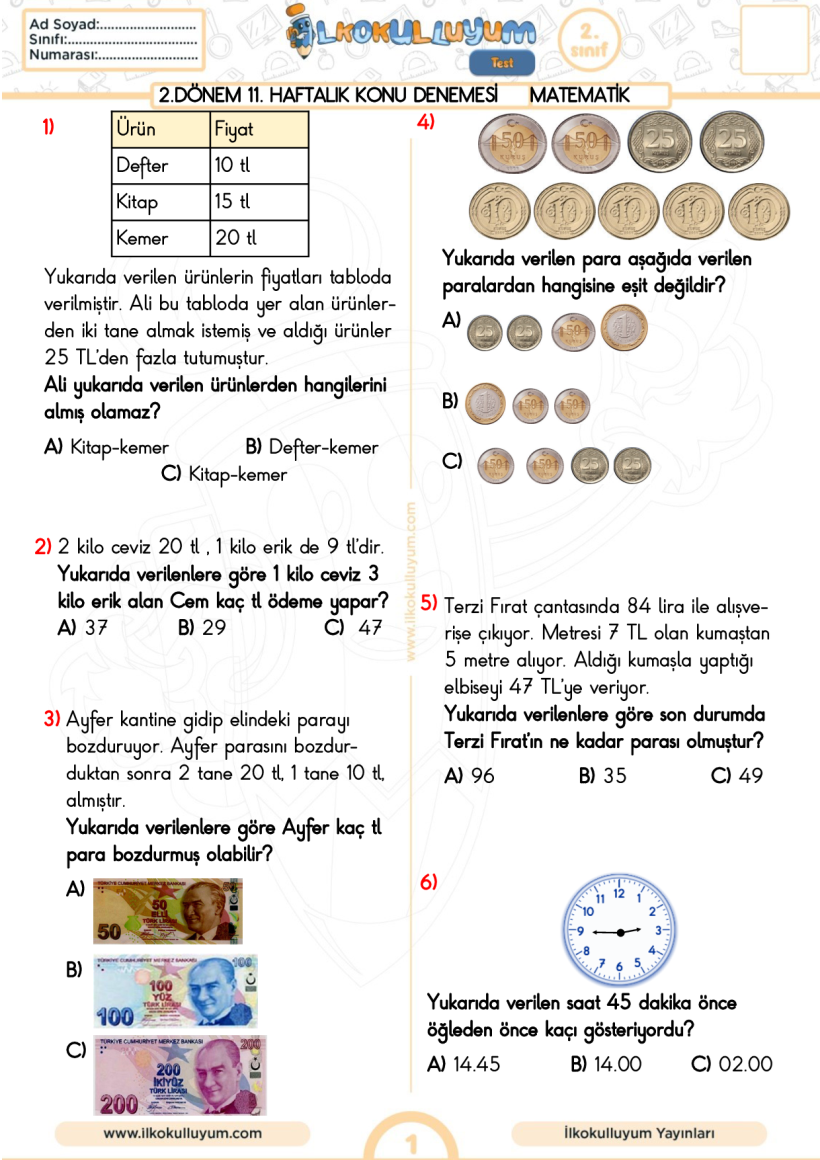 2.Sınıf 2.Dönem 11.Haftalık Konular Denemesi Matematik