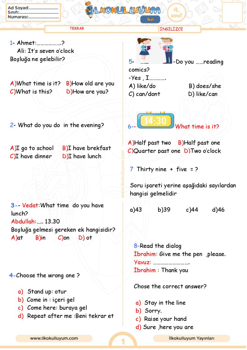 4. SINIF ENGLİSH REVISION TEST (1.DÖNEM)