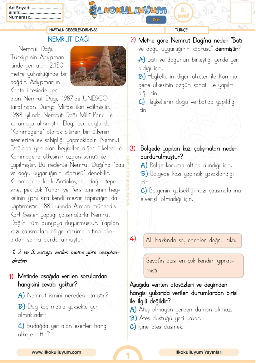 3.Sınıf 35. Hafta-Haftalık Değerlendirme (30 soru)