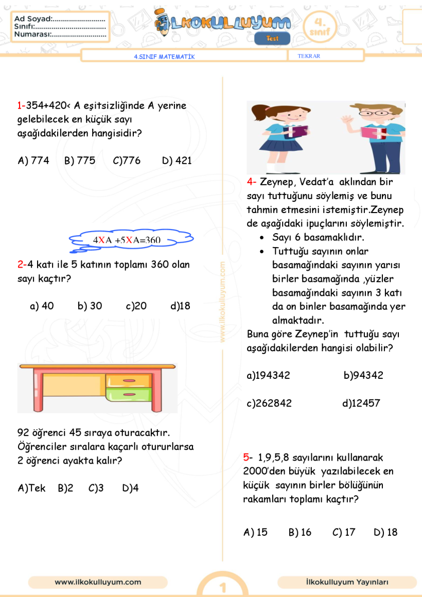 4. SINIF MATEMATİK 1. DÖNEM TEKRAR