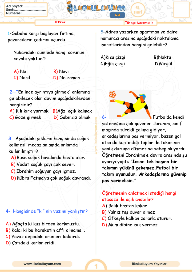 4.SINIF TÜRKÇE MATEMATİK DENEME